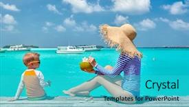 Presentation with evaluation of 5 years old boy - Presentation design with mother sitting on wooden jetty background and a cyan colored foreground