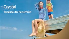  Presentation with three - Presentation theme having mother sitting on wooden jetty background and a teal colored foreground