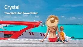  Presentation with medical evaluation of 5 years old boy - Slide set with mother sitting on wooden jetty background and a teal colored foreground