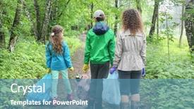  Presentation with woodland - Theme with mother son and daughter clean up in urban woodland holding bags of garbage seen from behind background and a teal colored foreground