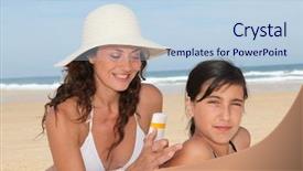  Presentation with sunscreen - Colorful presentation enhanced with mother spreading sunscreen on her daughter's shoulders backdrop and a light blue colored foreground