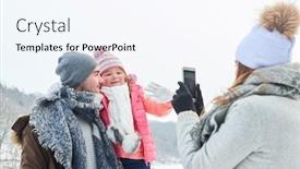  Presentation with family photo - PPT theme featuring mother takes family photo of daughter and father in their winter vacation background and a sky blue colored foreground