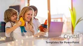  Presentation with company - Slide deck consisting of mother-trying-to-work background and a soft green colored foreground