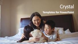  Presentation with bed - Presentation theme featuring mother two daughters one son - happy family on bed background and a  colored foreground