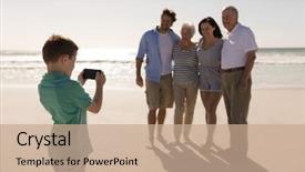  Presentation with family photo - PPT theme enhanced with mother two daughters one son - rear view of boy taking background and a coral colored foreground