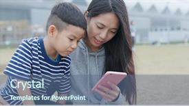  Presentation with smart phone apps - Beautiful PPT theme featuring mother use of smart phone backdrop and a ocean colored foreground