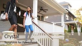  Presentation with islam school - Audience pleasing PPT theme consisting of mother walking daughter to school backdrop and a mint green colored foreground