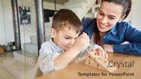  Presentation with wooden toy - Slide deck with mother-watches-her-son-threading background and a  colored foreground