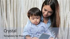  Presentation with cartoon - Presentation theme enhanced with mother watching cartoons on smartphone background and a light blue colored foreground