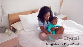  Presentation with working mother - Presentation design enhanced with mother-wearing-pyjamas-with-baby background and a mint green colored foreground