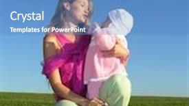  Presentation with mother baby - Colorful presentation theme enhanced with mother with baby on sunset blue sky green grass backdrop and a teal colored foreground