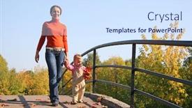  Presentation with baby walk - Theme having mother with baby walk on bridge autumn background and a sky blue colored foreground