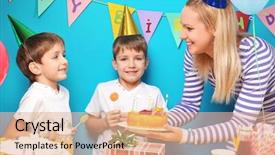  Presentation with mother twins - PPT layouts featuring mother with birthday cake background and a coral colored foreground