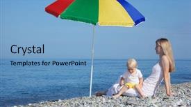  Presentation with under umbrella - Slide deck with mother with child under colored umbrella on pebble beach background and a light blue colored foreground