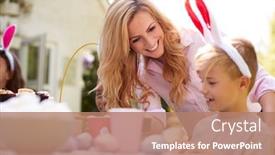  Presentation with outdoor party - Beautiful presentation theme featuring mother-with-children-wearing-bunny backdrop and a coral colored foreground