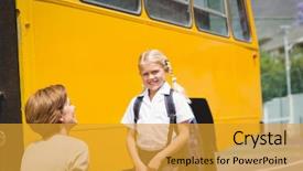  Presentation with school bus - PPT layouts consisting of mother with her daughter by school bus outside the elementary school background and a gold colored foreground