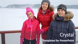  Presentation with pond - PPT theme having mother with son and daughter standing on the pier near the snow-covered pond background and a tawny brown colored foreground