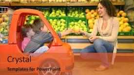  Presentation with market food - Audience pleasing PPT theme consisting of mother with the children backdrop and a  colored foreground
