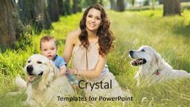  Presentation with sad dog abandoned dogs - Beautiful slide set featuring mother with toddler and dog backdrop and a yellow colored foreground