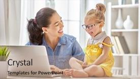  Presentation with working mother - Presentation theme enhanced with mother with toddler child working background and a coral colored foreground
