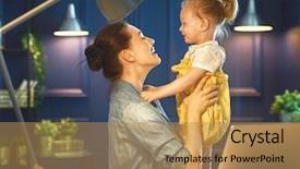  Presentation with working mother - Audience pleasing slide deck consisting of mother with toddler child working backdrop and a coral colored foreground