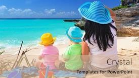  Presentation with mother twins - PPT theme featuring mother with twins on the tropical beach holidays background and a lemonade colored foreground
