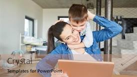  Presentation with working mother - PPT theme consisting of mother-working-on-laptop-pc background and a coral colored foreground