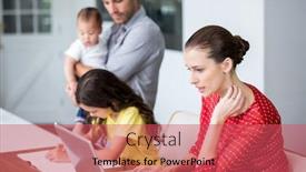  Presentation with social isolation - Theme enhanced with mother working on laptop with daughter studying at home social distancing and self isolation in quarantine lockdown background and a red colored foreground