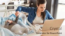  Presentation with home care - PPT theme having mother-works-on-the-pc background and a coral colored foreground