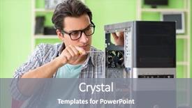  Presentation with old desktop computer - Slides consisting of motherboard - computer engineer repairing broken desktop background and a gray colored foreground