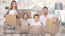  Presentation with boxes - Presentation design consisting of mothercarton - family with cardboard boxes sitting background and a  colored foreground