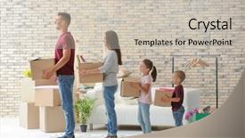  Presentation with cardboard - Amazing PPT theme having mothercarton - family with cardboard boxes standing backdrop and a soft green colored foreground