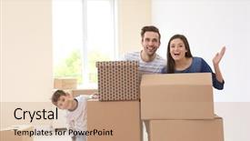  Presentation with doctor a new born and family - Slides consisting of mothercarton - happy family hiding behind boxes background and a  colored foreground