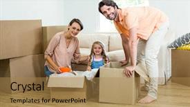  Presentation with boxes - Amazing presentation design having mothercarton - happy family unpacking boxes while backdrop and a  colored foreground