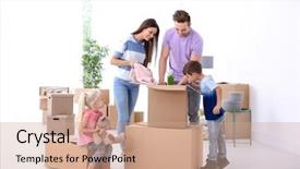  Presentation with new home - Slides with mothercarton - happy family unpacking boxes background and a coral colored foreground