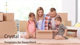  Presentation with family new born - Colorful presentation theme enhanced with mothercarton - happy family unpacking cardboard box backdrop and a coral colored foreground