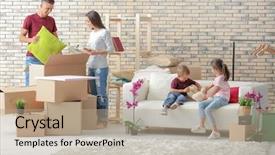  Presentation with new family new born - Slides having mothercarton - happy family unpacking cardboard boxes background and a coral colored foreground