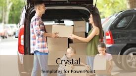  Presentation with transportation family - Slide set featuring mothercarton - happy family with boxes near background and a  colored foreground