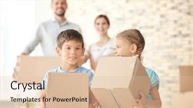  Presentation with family a new born - Cool new slide deck with mothercarton - happy family with cardboard boxes backdrop and a  colored foreground