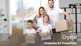  Presentation with boxes - Presentation theme featuring mothercarton - happy family with carton boxes background and a  colored foreground