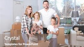  Presentation with new home - Amazing theme having mothercarton - house move concept family standing backdrop and a  colored foreground