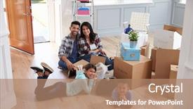  Presentation with new home - Presentation theme having mothercarton - portrait of hispanic family moving background and a coral colored foreground