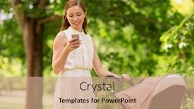  Presentation with motherhood - PPT theme having motherhood technology and people concept - happy mother with smartphone and baby girl stroller at summer park background and a coral colored foreground