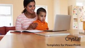  Presentation with mother son flowers - PPT layouts enhanced with mothers work - mother and son in kitchen background and a coral colored foreground