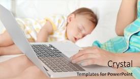  Presentation with christmas baby jesus sleeping - Cool new slides with mothers work - woman using laptop near sleeping backdrop and a soft green colored foreground