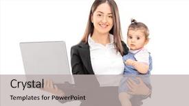  Presentation with young mothers - Colorful PPT theme enhanced with mothers work - young businesswoman carrying her daughter backdrop and a light gray colored foreground