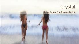  Presentation with girls running - Amazing presentation theme having motion blurred photograph of young women girls in bikinis running on a beach backdrop and a cream colored foreground