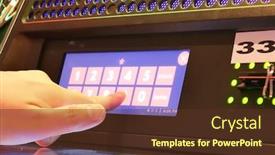  Presentation with slot machine - Amazing slide deck having motion-of-people-pressing-pin backdrop and a tawny brown colored foreground