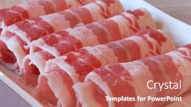  Presentation with chinese restaurant - PPT layouts featuring motion of raw pork meat for hot pot on plate inside chinese restaurant background and a red colored foreground