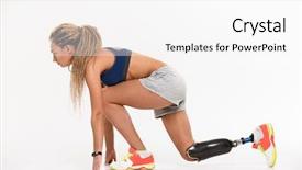  Presentation with magnifying lens over - Theme featuring motivated young disabled sportswoman starting background and a white colored foreground